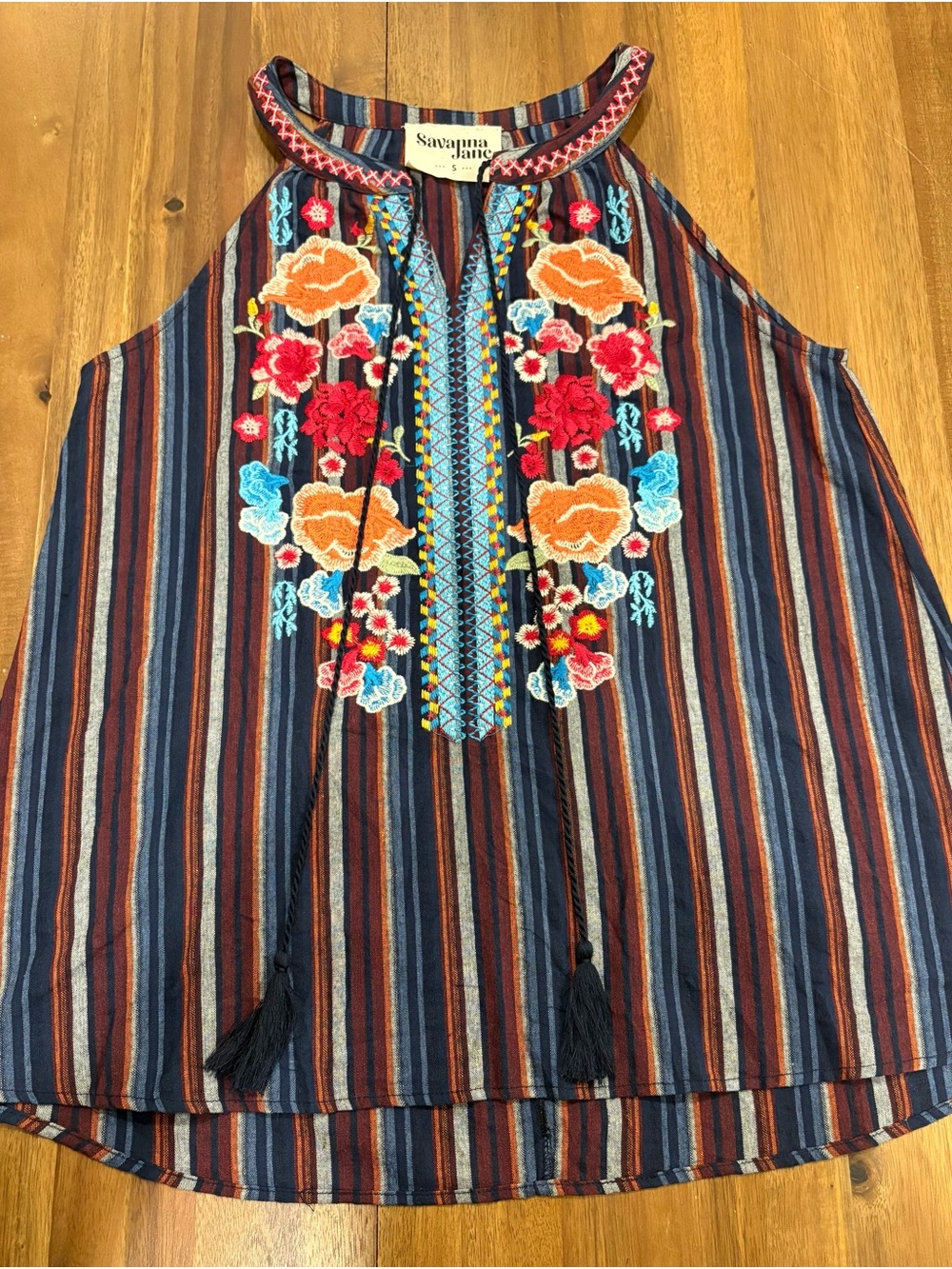 Savanna Jane Navy Striped Halter Top with Multicolor Floral Embroidery - Small